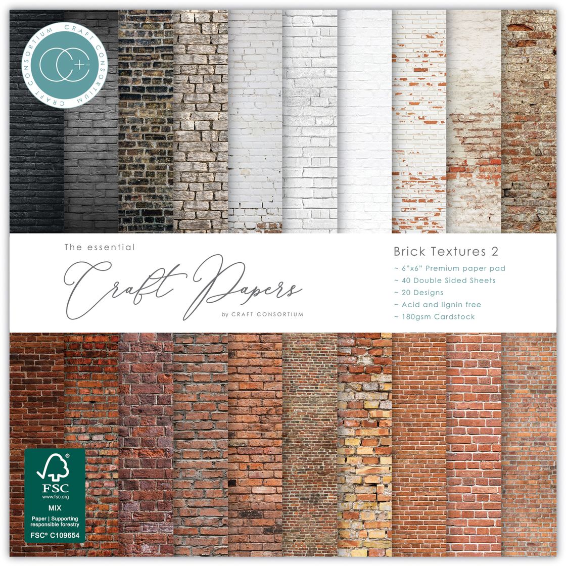 Craft Consortium Double-Sided  6"X6" Paper Pad - Brick Textures 2 - 40 sheets