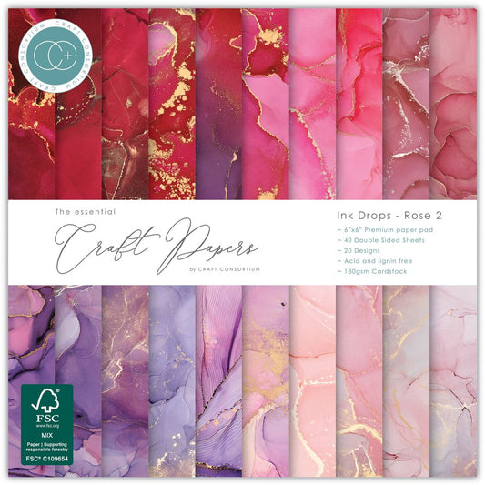 Craft Consortium Double-Sided  6"X6" Paper Pad - Ink Drops - Rose 2 - 40 sheets