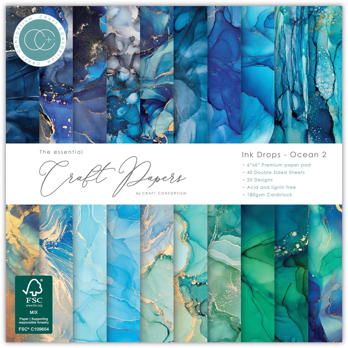 Craft Consortium Double-Sided  6"X6" Paper Pad - Ink Drops - Ocean - 40 sheets
